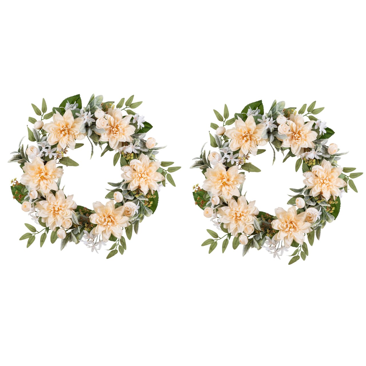 Set of 2 24"D Peach Dahlia Floral Wreath Includes a Complimentary Black Metal Wreath Hanger